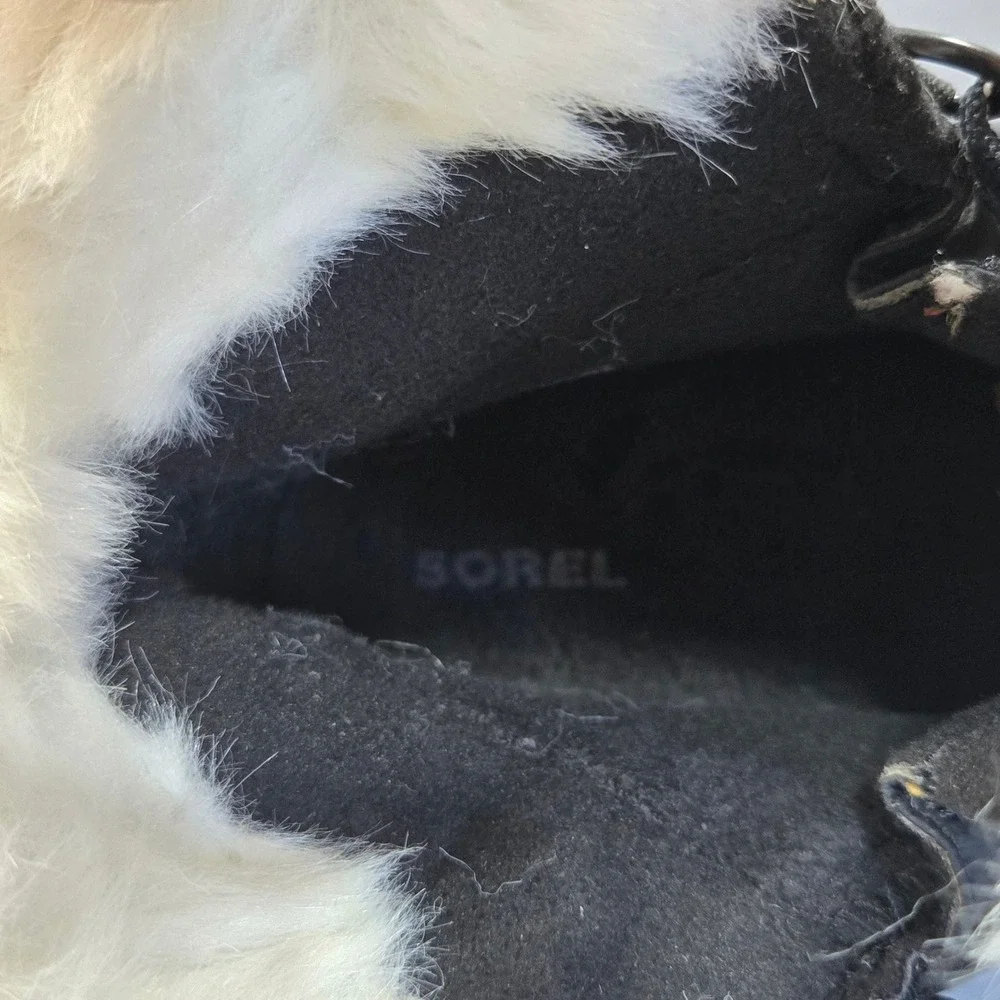 Sorel Whitney Short Lace Boots Womens 7.5 Black Waterproof Winter Faux Fur Snow